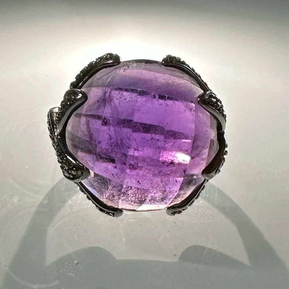 925 Sterling Silver Royal Purple Amethyst Cocktail Ring Size 9 Checkerboard Cut - Picture 2 of 9